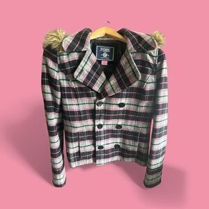 PINK Victoria's Secret Plaid Pea Coat - Pink and Black Real Y2K Jacket Faux Fur